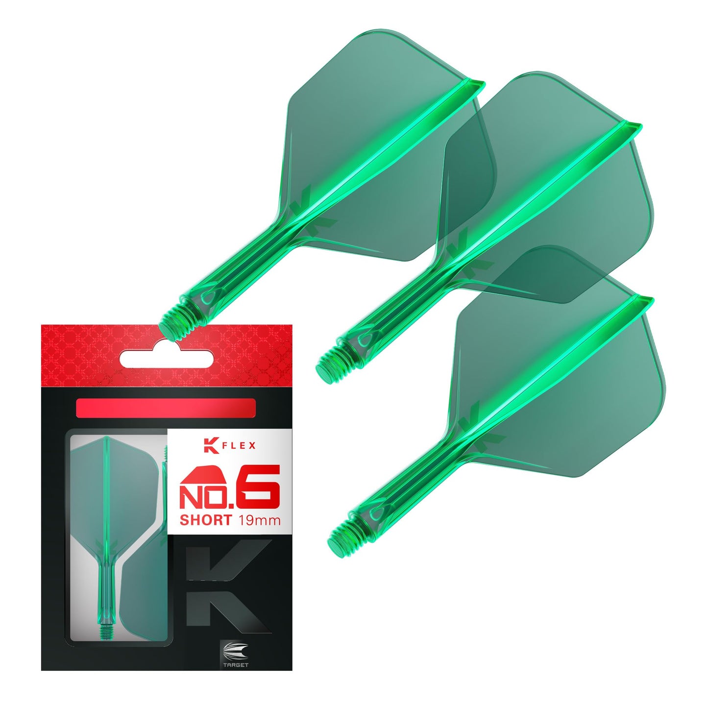 Target Darts K Flex Dart Flights & Shafts, No.6 Green, Short (19mm), Model taf1414, Pack of 3