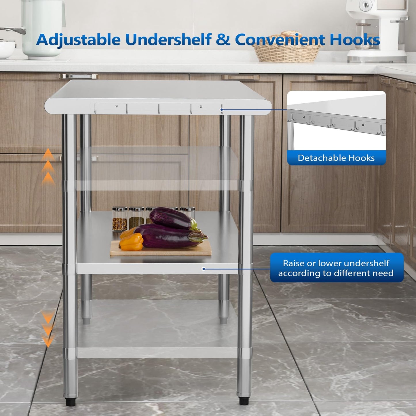 ROVSUN 48'' x 24'' Stainless Steel Table for Prep & Work,Commercial Worktables & Workstations, NSF Heavy Duty Metal Table with Adjustable UnderShelf for Kitchen, Restaurant, Home, Hotel, Outdoor