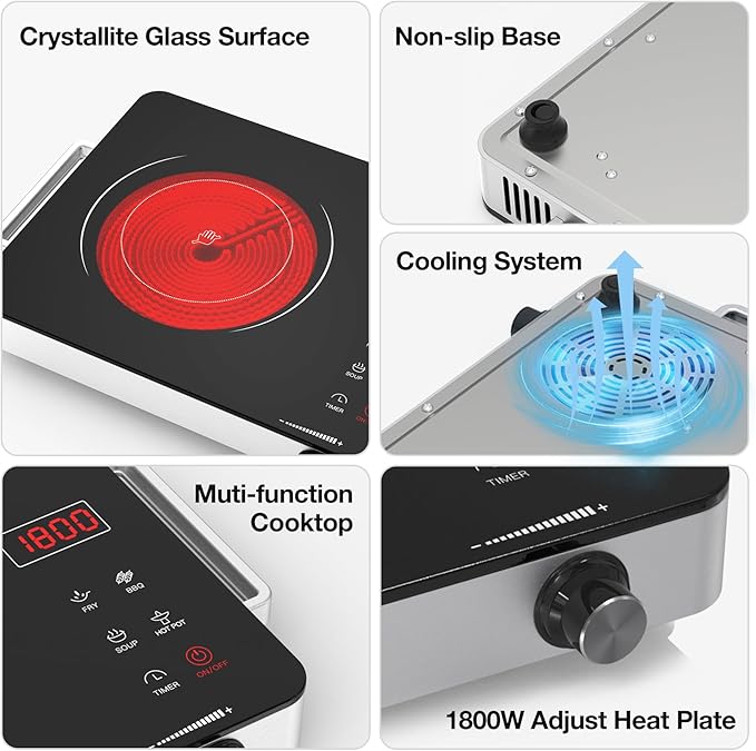 WABK 1800W Single Portable Electric Cooktop, 110V Hot Plate Countertop Burner with LCD Sensor Touch, 10 Temperature Setting, LED Display, Kids Safety Lock, Auto Shut off Function for Home Camping