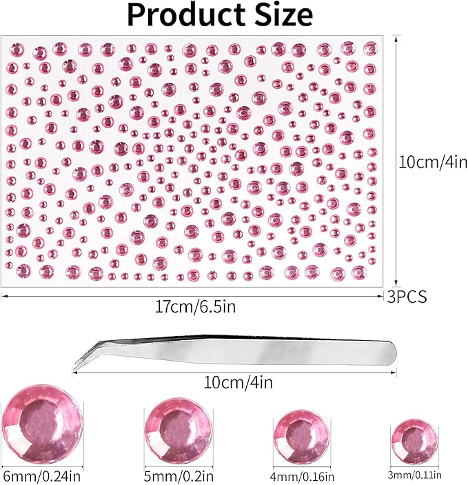 Rhinestone Stickers for Crafts Clear Crystal Tweezers Decals Face Gems Pearls for Makeup Stick on Body 3/4/5/6MM Hair Nails Craft DIY Gems for Nails Makeup Decor Pink 975PCS