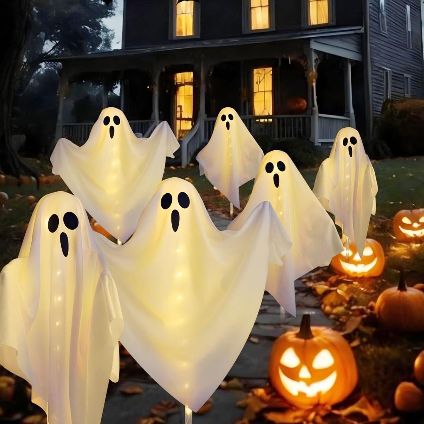 Albelt 3-Pack Ghost Solar Powered Halloween Decorations, Warm White, 8 Modes, Waterproof, Model SSLGW