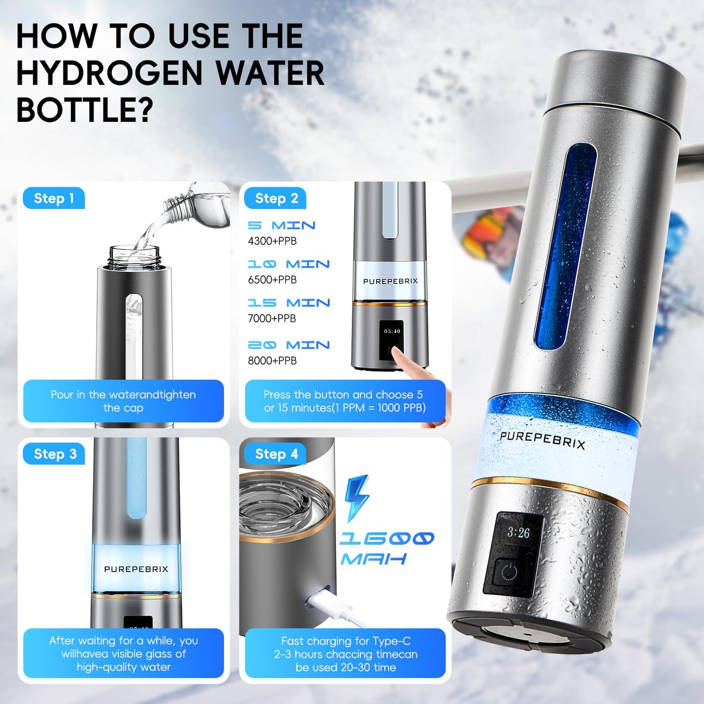 Hydrogen Water Bottle Generator - Up to 8100 PPB | Certified H2 Generator-Portable Alkaline Water Pitcher | 3 Hydrogen Modes| Platinum-Iridium Catalyst | Healthy Gift