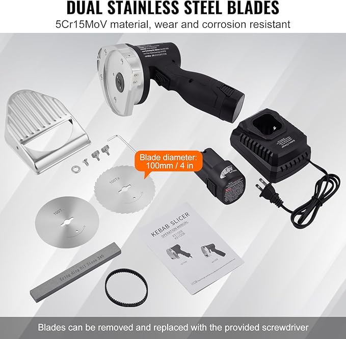 VEVOR Electric Shawarma Knife, Cordless Battery Professional Turkish Knife, Commercial Stainless Steel Gyro Cutter, Doner Kebab Meat Slicer with 2 Blades, Φ4/100mm, 0-8mm Adjustable Thickness