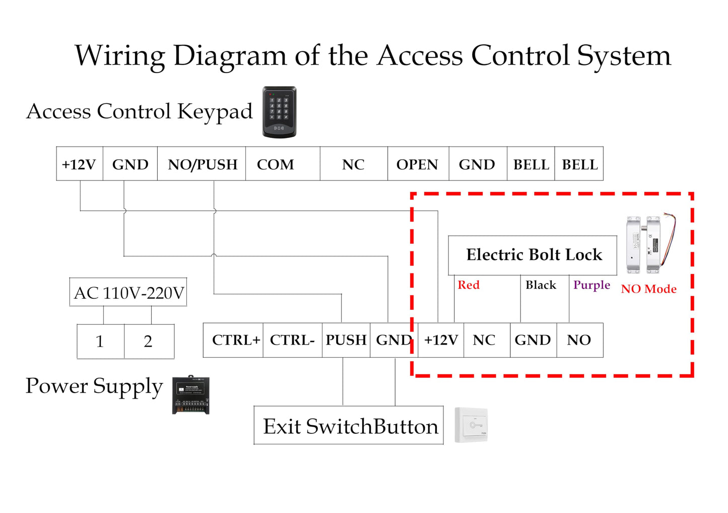 Electric Drop Bolt Lock NO Mode Fail Security DC 12V Electronic Bolt Door Lock for Access Control System with Time Delay
