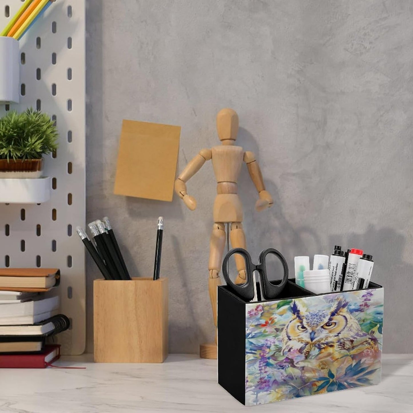 Owl Among Flowers Lether Pen Holder for Desk Makeup Brush Holder Office Organizer Desk Accessory for School Office