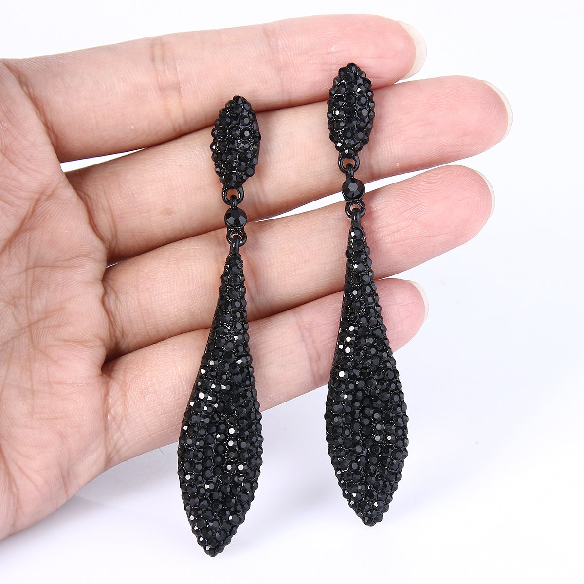EVER FAITH Women's Austrian Crystal Double Waterdrop Wedding Prom Pierced Dangle Earrings Black Black-Tone