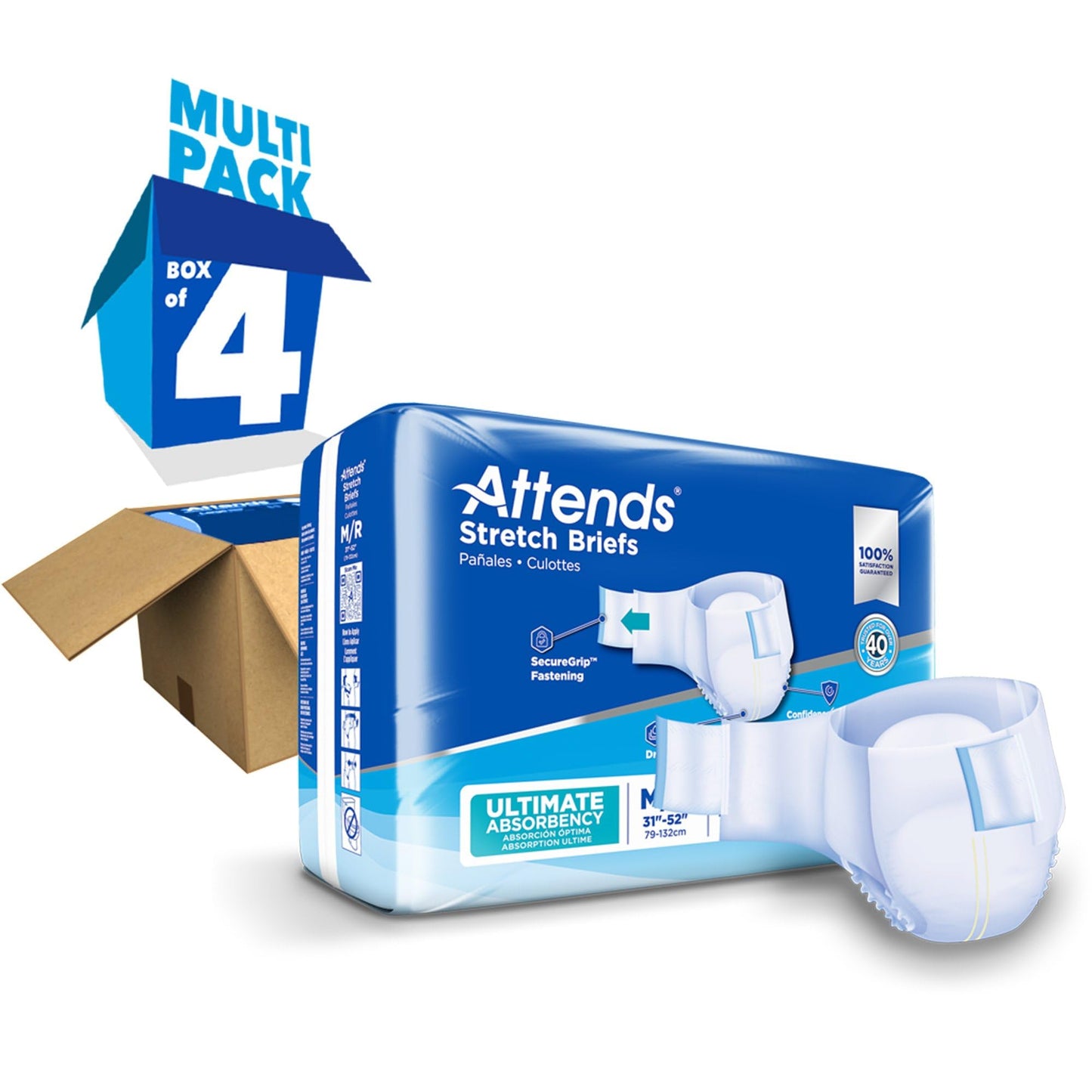 Attends Stretch Adult Disposable Briefs, Medium/Regular, 31"-52" Waist with Tab Closure, Ultimate Absorbency with Dry-Lock Containment Core, 96ct Bag