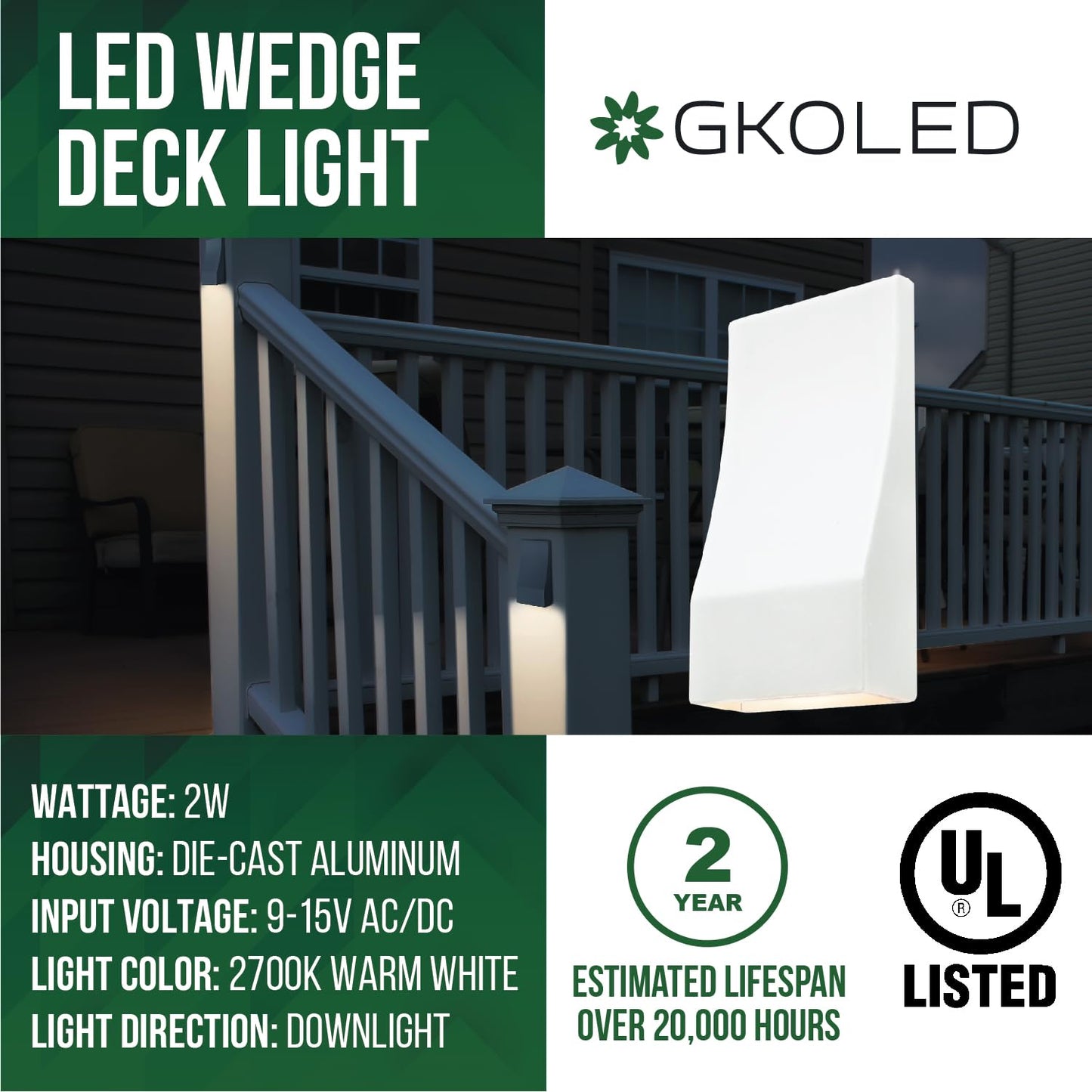 Gkoled Low Voltage Led Wedge Deck Rail Light  Landscape Railing Post Fence Accent Lighting  12V Ac/Dc 2W 2700K Integrated Led Chips  Die-Cast Aluminum  Powder Coated Finish  Ip65 Rated  White  6-Pack