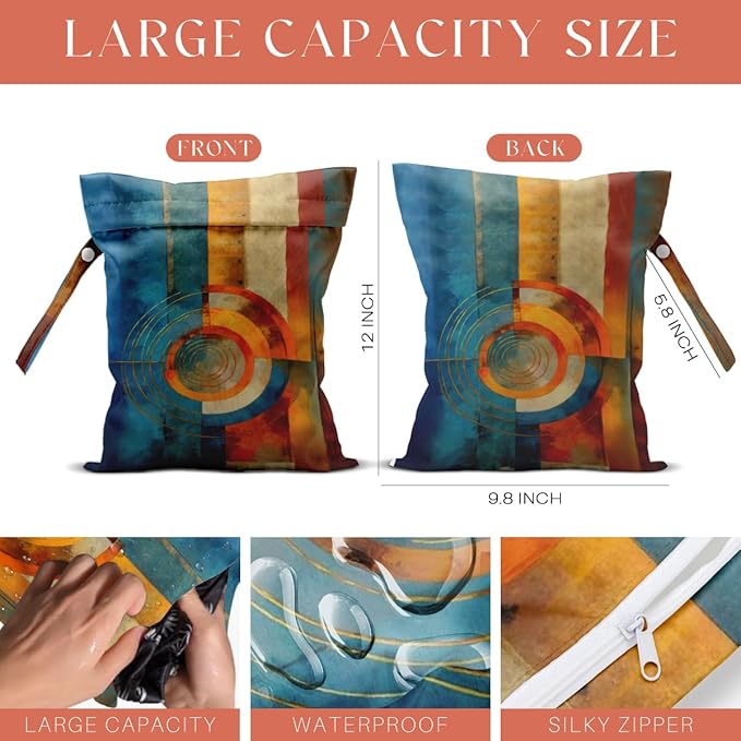 4 Pack Cute Wet Bag Waterproof Washable Reusable Wet Dry Bag for Swimsuit Dirty Clothes Diaper Travel Beach Pool Christmas Toiletries Beach Essentials，Abstract Red Blue Yellow Vivid Circular Decor