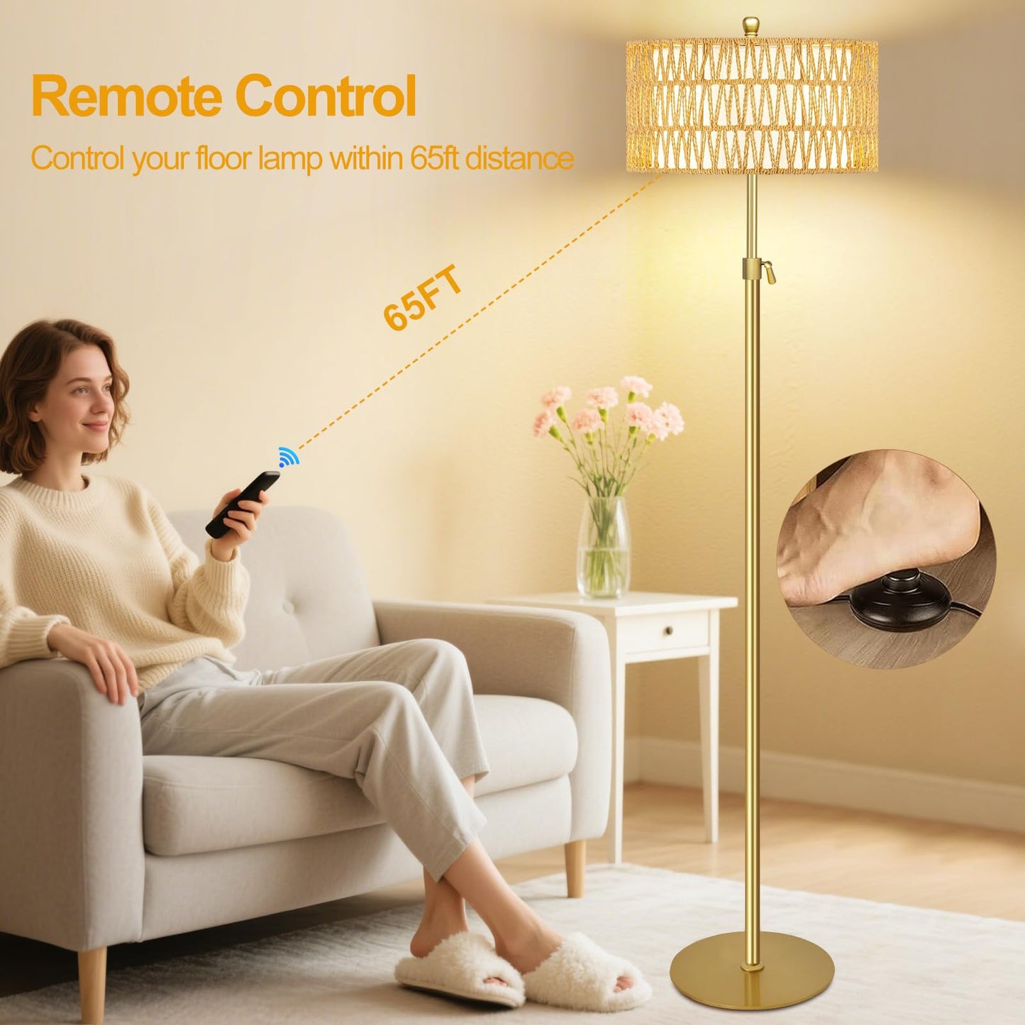 ZECOXOL Rattan Boho Floor Lamp with Remote Control, Dimmable, Brass, 12.5 Inch, Color: Buff, Model: 001