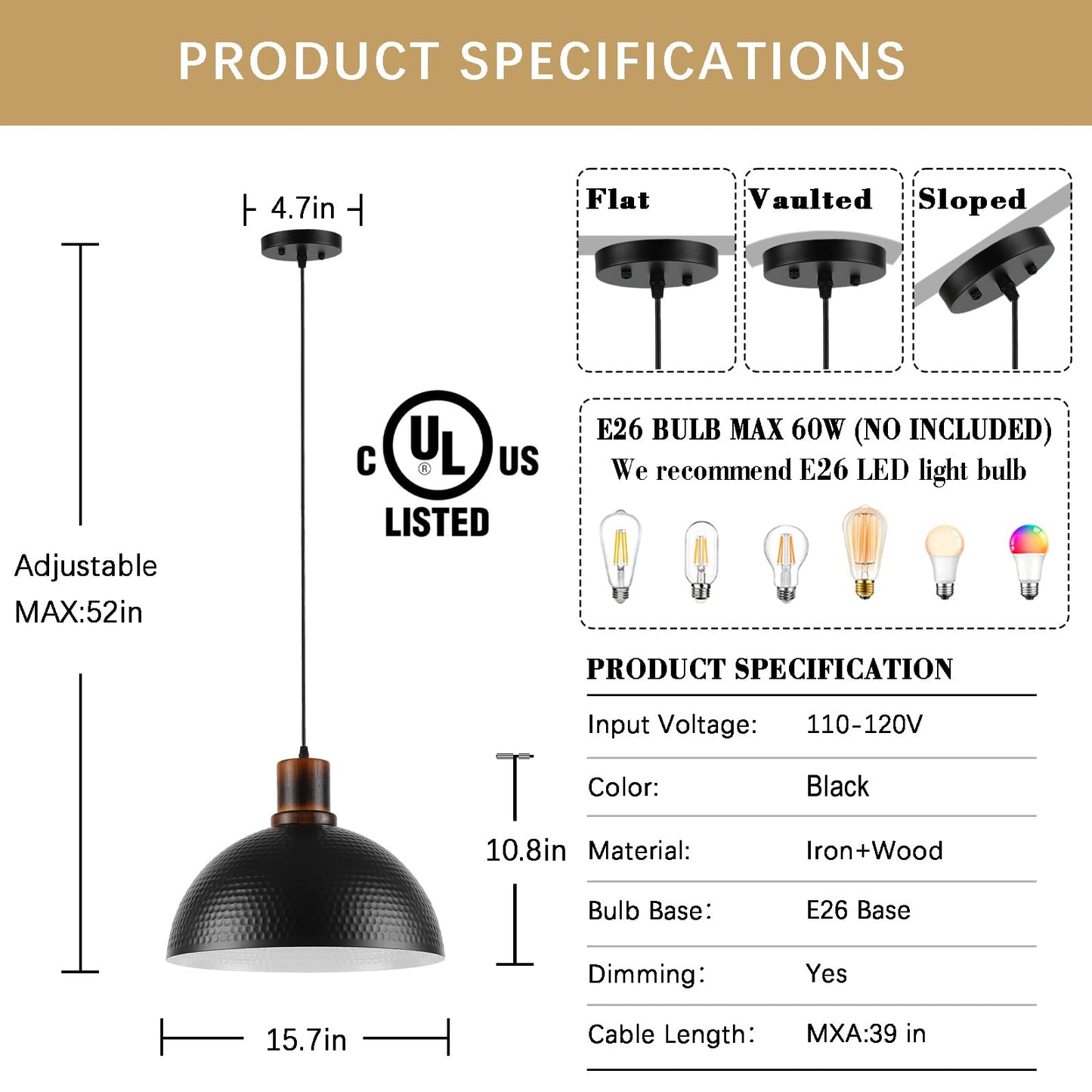Mgcanyu 2 Pack Solid Wood Pendant Lights 16 Hammered Metal Black Finish Hanging Lighting Modern Lamp Industrial Dome Ceiling Light Fixtures For Kitchen Island Farmhouse Dining Room