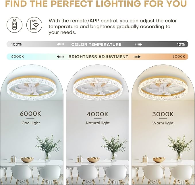 STERREN 19.7'' Crystal Ceiling Fans with Lights and Remote, Modern Low Profile LED Ceiling Fan, Dimmable Flush Mount Fan Light, Gold Fandelier with Color Temperature Change 6 Speeds