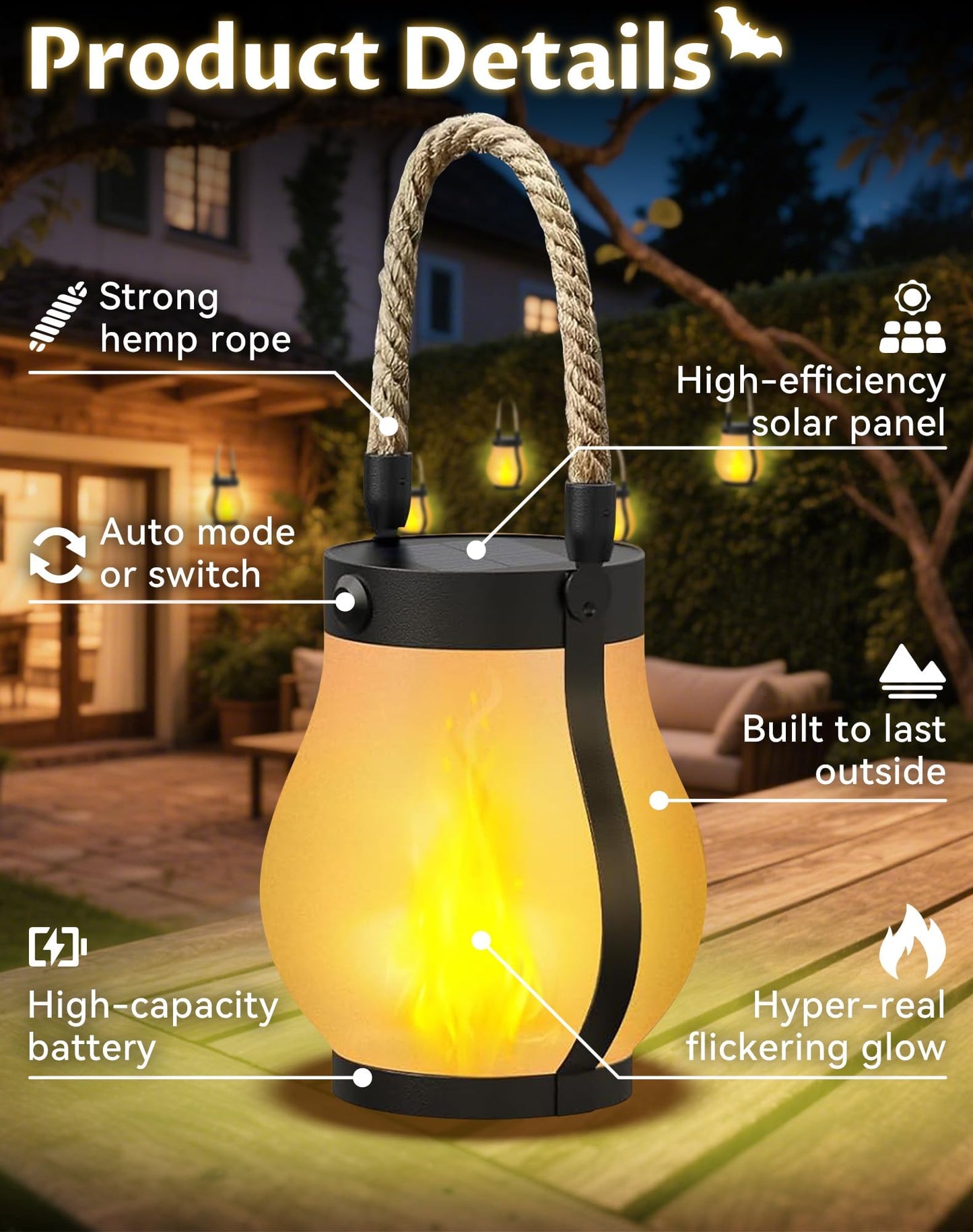 Kaliqo Solar Lantern Outdoor Lights - Waterproof Solar-Powered & Usb Rechargeable Outdoor Lantern With Realistic Flickering 3D Flame  Boho Rope Design  Dancing Flame Light For Patio  Yard (2 Pcs)
