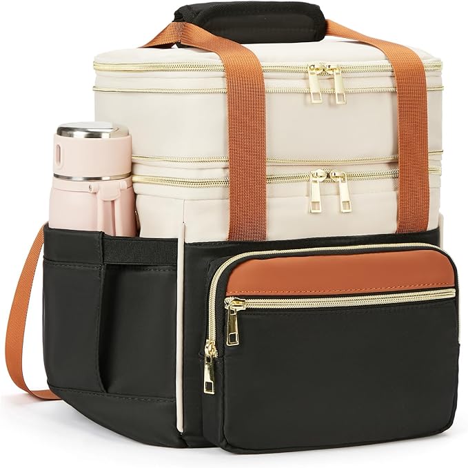 Insulated Lunch Bag & Lunch Box for Women - Double Deck Reusable Lunch Bag for men Tote Cooler Bag Leakproof Soft Expandable - Large Lunchbox for Work/Adult/Picnic/Outdoor (Coffee Black，15L)