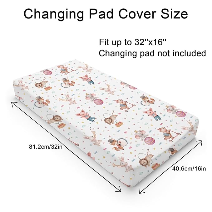 Watercolor Circus Animals Changing Pad Cover Cartoon Bear Lion Fox Bunny Elephant Pig Baby Diaper Change Table Sheets for Boy Girl Soft Stretchy Snug Fitted Changing Table Pad Mats 32''x16''