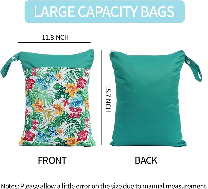 2pcs Wet Bags Waterproof Reusable Wet Dry Bag with Two Zippered Pockets Travel Beach Pool Daycare Yoga Gym Bag for Baby Cloth Diaper,Swimsuits,Wet Clothes (Flowers & Fruits)