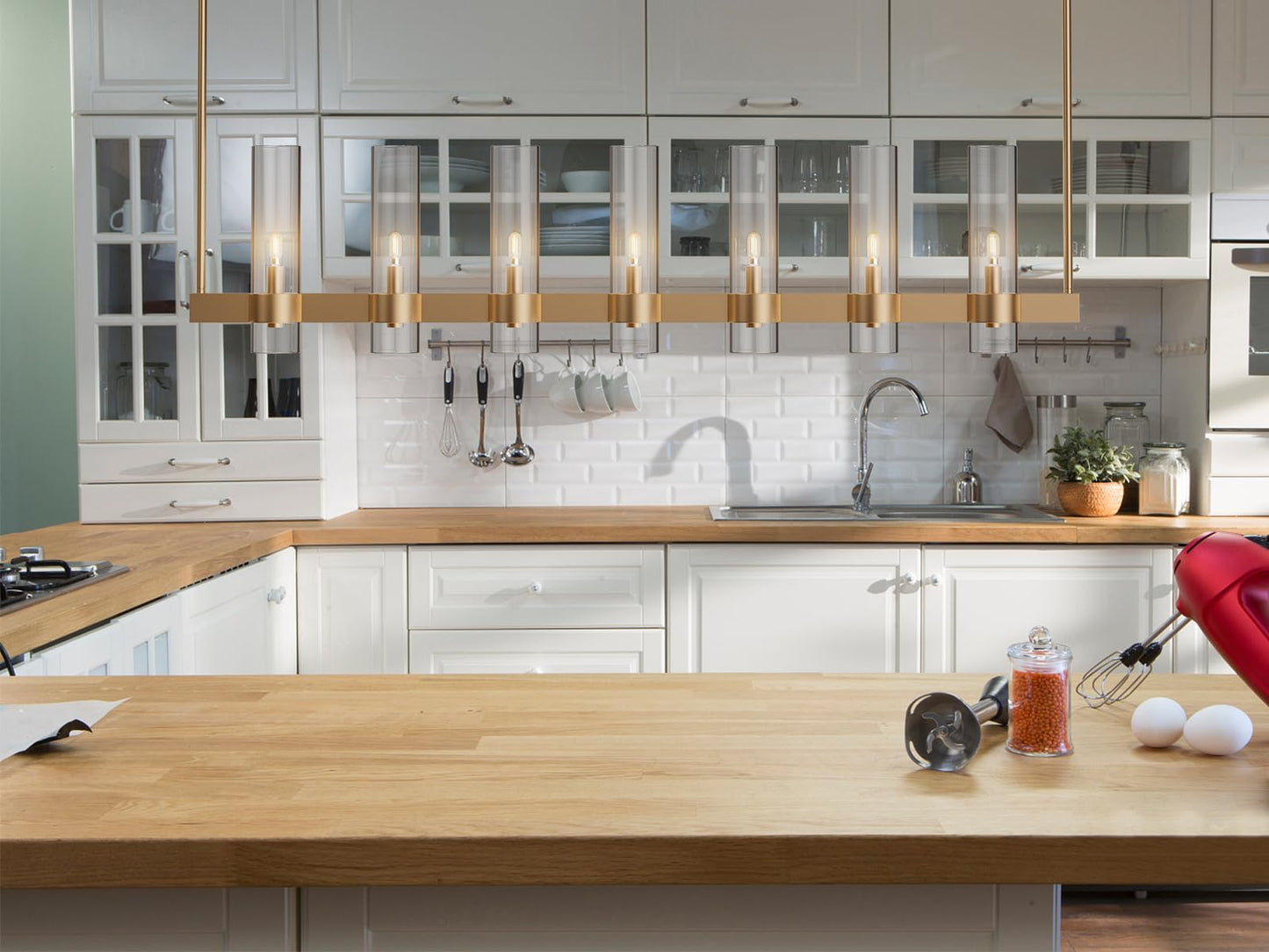 Yiosi Brass Kitchen Island Lighting- 7-Light Linear Chandelier  Adjustable 47 Modern Farmhouse Rectangle Pendant Light Fixtures  Dining Room  Bedroom