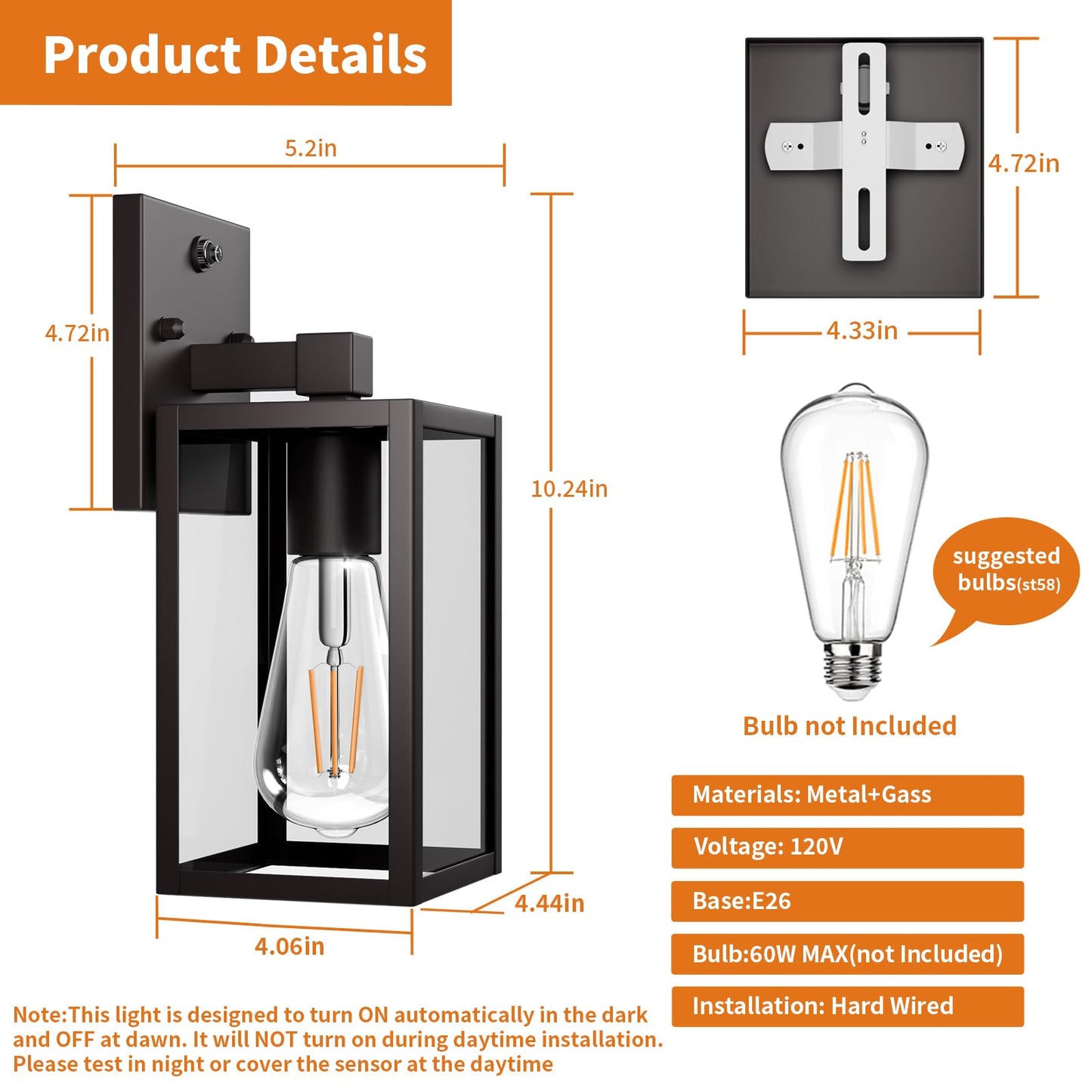 2 Pack Dusk To Dawn Exterior Lighting Fixtures Wall Mount  Sensor Outside Front Porch Lights For House  Outdoor Lantern Lamp  Waterproof Wall Sconce Lights  Black Coach Light For Garage Entryway