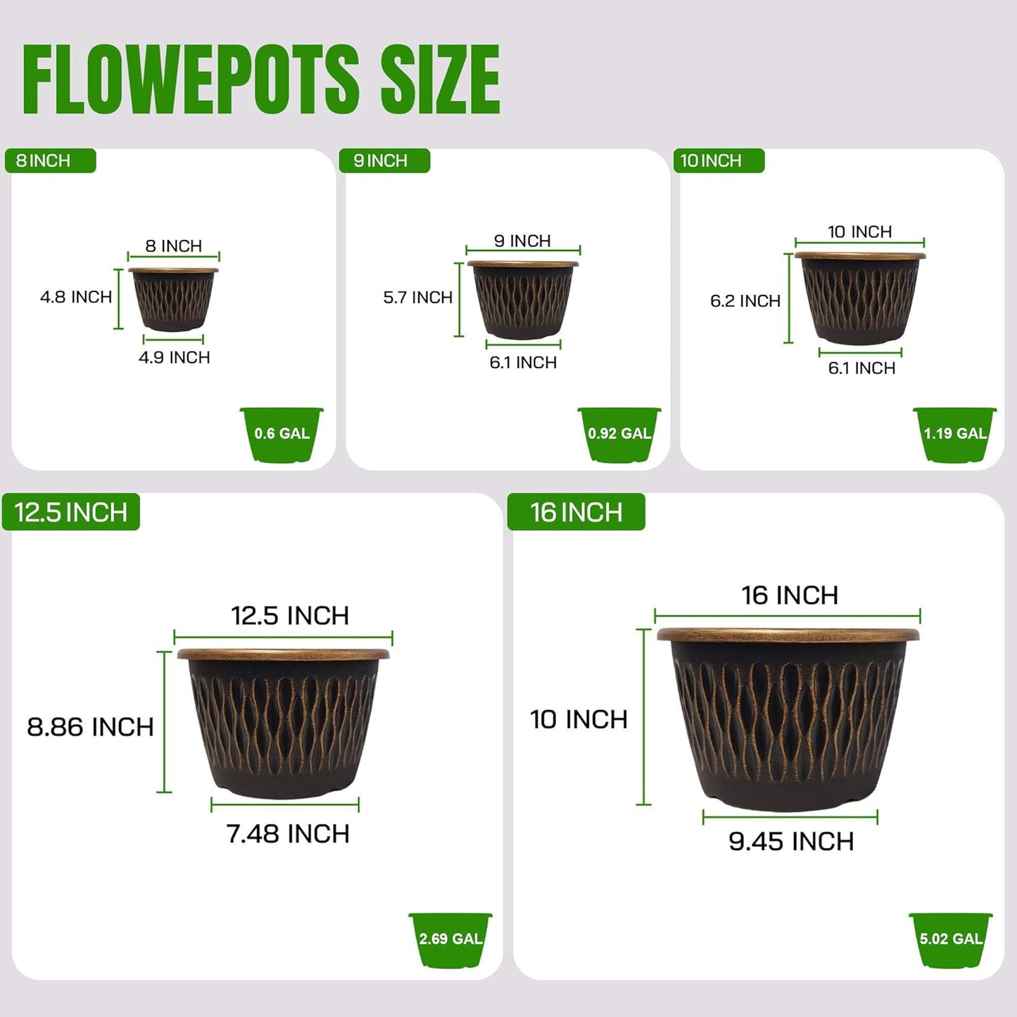 4 Pack 9 Inch Retro Plant Pots, Vintage Striped Flower Pots with Drainage Hole & Saucer, Large Plastic Planters for Indoor and Outdoor Plants, Decorative Garden Pots(Gold)