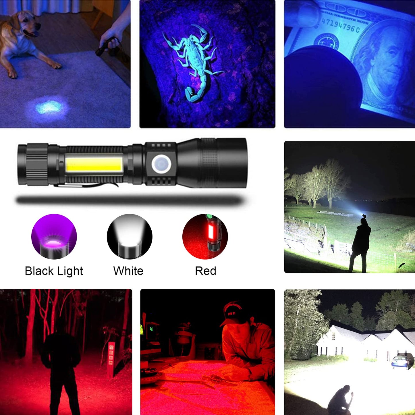 Spriak UV Flashlight Rechargeable 3-in-1 Tactical Blacklight & Redlight, Waterproof, Zoomable, 2 Pack, Black