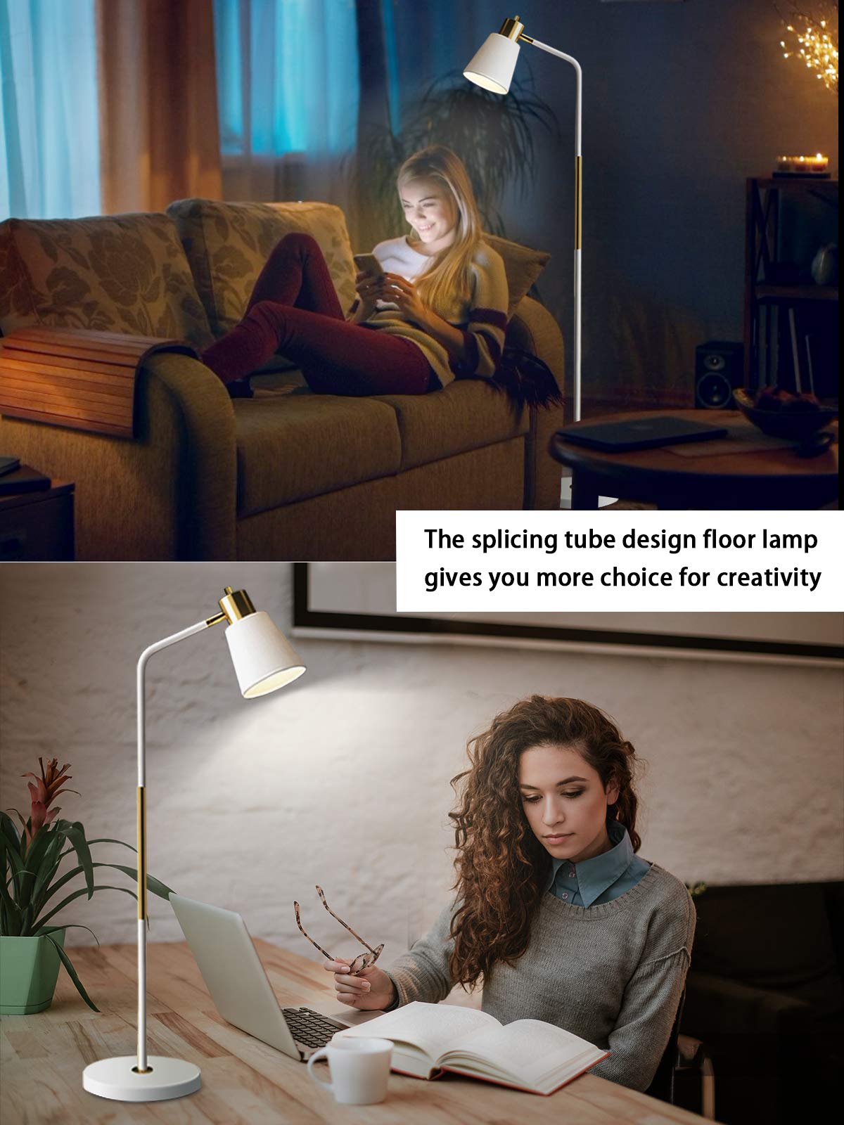 LALISU Industrial Floor Lamp - Adjustable Metal Heads, Rustic Farmhouse Style, White, Task Lighting for Living Room & Bedroom