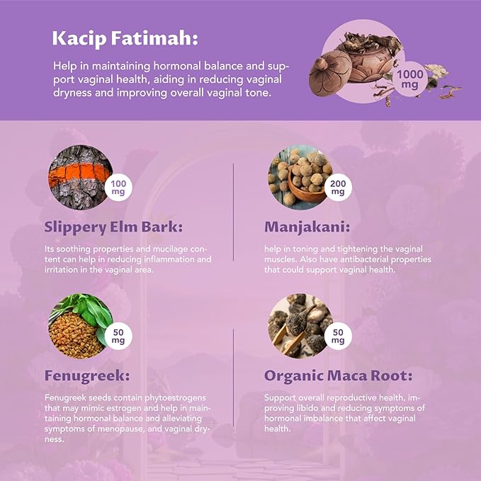 Vaginal Moisturizer, Kacip Fatimah 1,000mg & Manjakni 200mg for Female Intimate Health, Slippery Elm for Women, Vegan, 60 Capsules