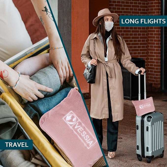 Vessia Travel Blanket for Airplane, Train and Car, Warm and Soft Travel Blanket and Pillow 2 in 1 for Adults and Kids, Portable Compact Long Flight Blanket with Luggage Sleeve, Backpack Clip(Pink)