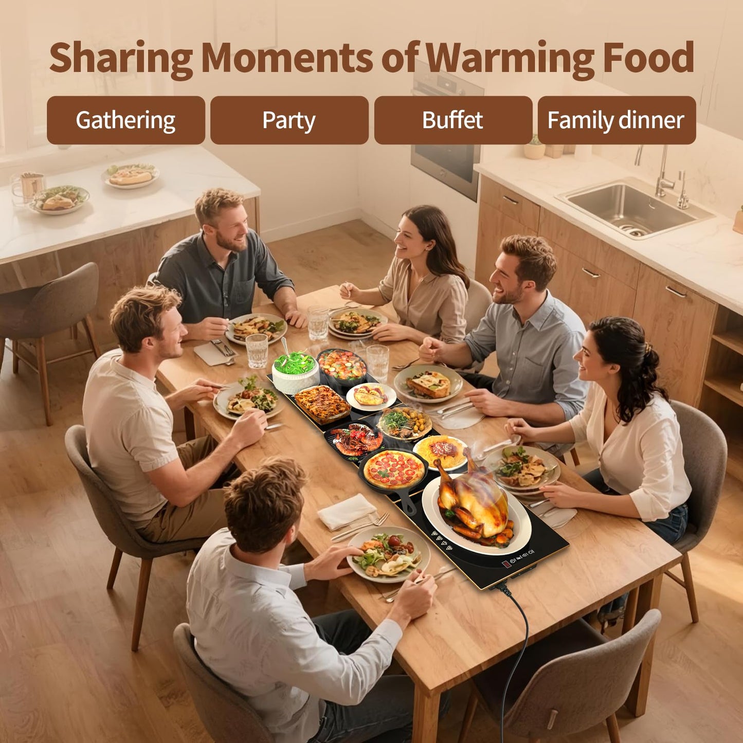 CedarAce Food Warming Mat with 8-Level Temperature Adjustment and 8-Hour Timer, Desktop-Protecting Electric Warming Tray, Assemblable Stackable (47x12 inches) for Parties Buffet