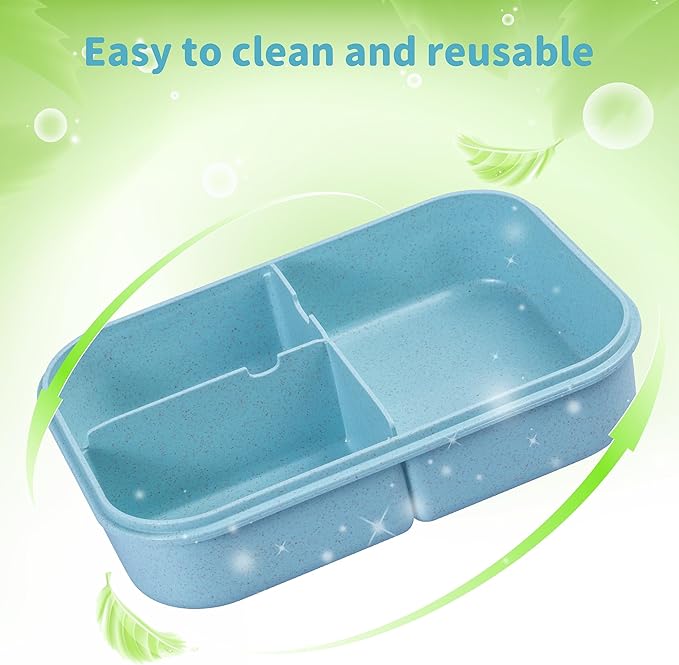 Wheat Straw Bento Box, BPA-Free Lunch Box for Kids & Adults - Leakproof 3-Compartment Lunch Containers with Utensil, Microwave/Dishwasher Safe, 5.5 Cup Blue