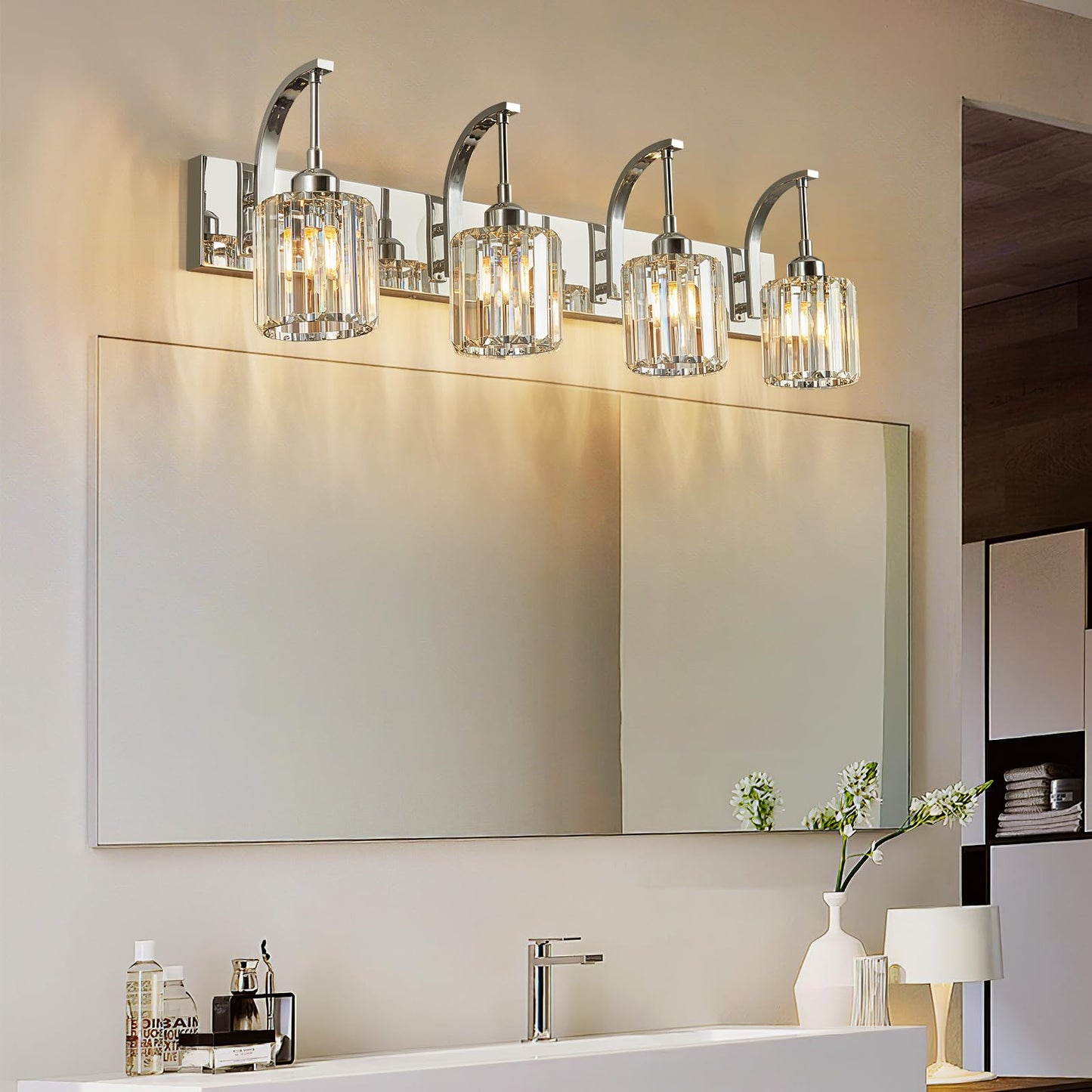 Fdpby 4-Light Crystal Vanity Light  Modern Chrome Bathroom Wall Sconce With K9 Crystal Shades  32.67 Long Over Mirror Lighting For Vanity  Makeup  Hallway  Elegant & Easy Install