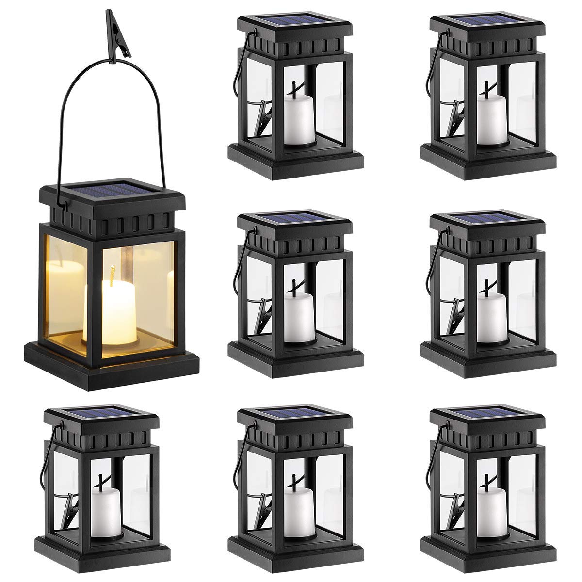 GIGALUMI Solar Hanging Lanterns 8 Pack, Warm White Candle Effect Light for Garden, Patio, Lawn, Model 6925