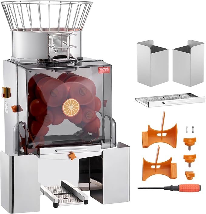 VEVOR Commercial Orange Juicer Machine, 120W Automatic Feeding Juice Extractor, Stainless Steel Juice Extractor for 25 Oranges Per Minute, with Pull-Out Filter Box, PC Cover, 2 Peel Collecting Buckets