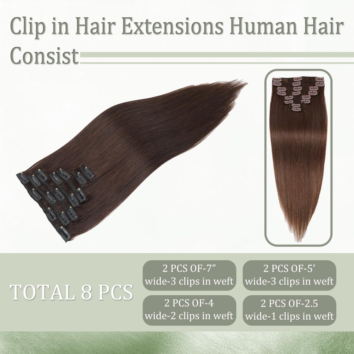 Dark Brown Clip in Hair Extensions Real Human Hair 8Pcs 20 Inch Remy Virgin Straight Human Hair Clip in Extensions 70g Double We