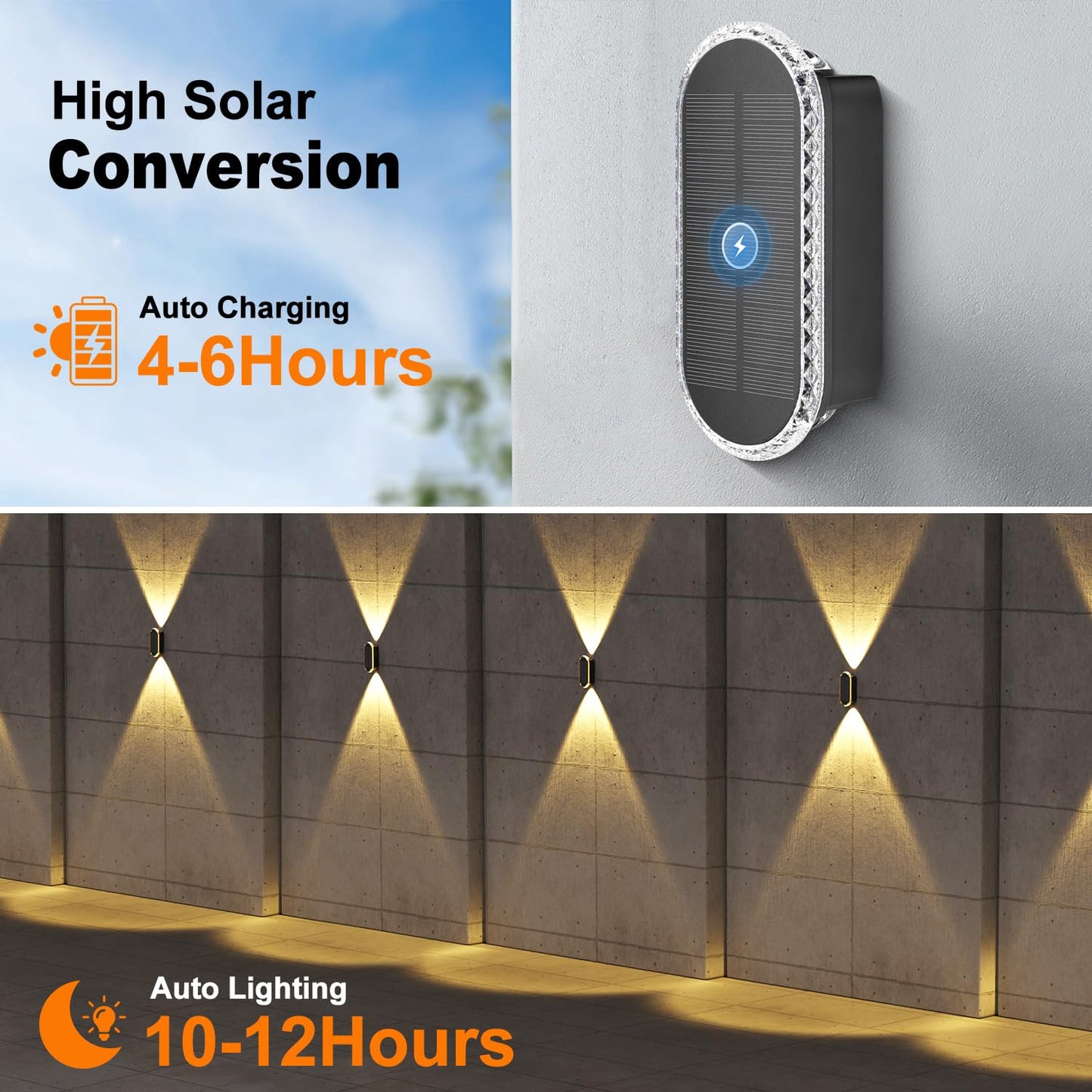 Ellasay Fence Lights Solar Powered: 4 Pack Solar Wall Lights Outdoor Up and Down IP67 Waterproof - 3 Colors Modes Brighter LED Lens Solar Lights Dusk to Dawn 12h for Backyard/Porch/Railing/Balcony