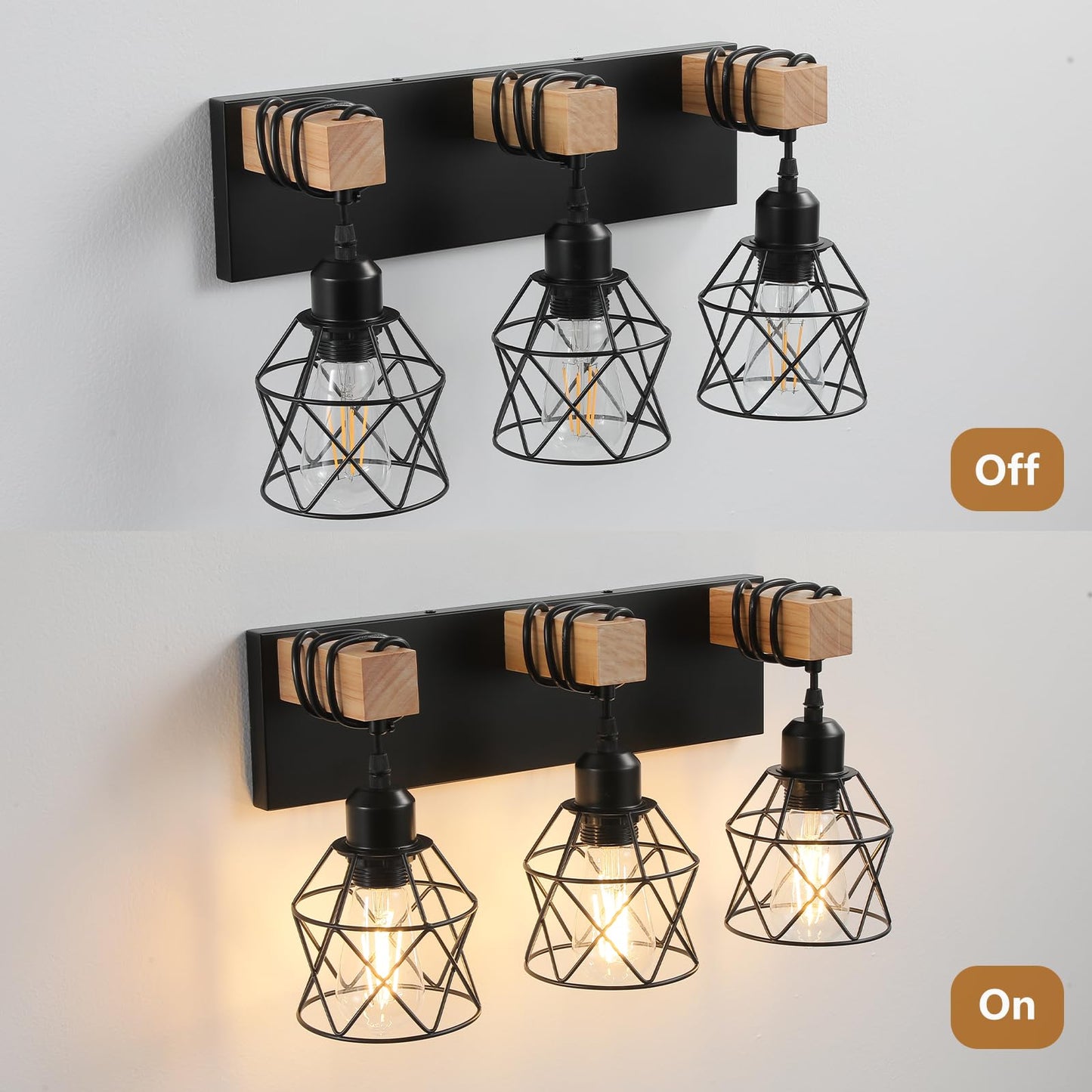 Farmhouse Vanity Light Fixture 3-Light Bathroom Lighting Black Industrial Wood Wall Light Over Mirror With Metal Shade Bulbs Not Included
