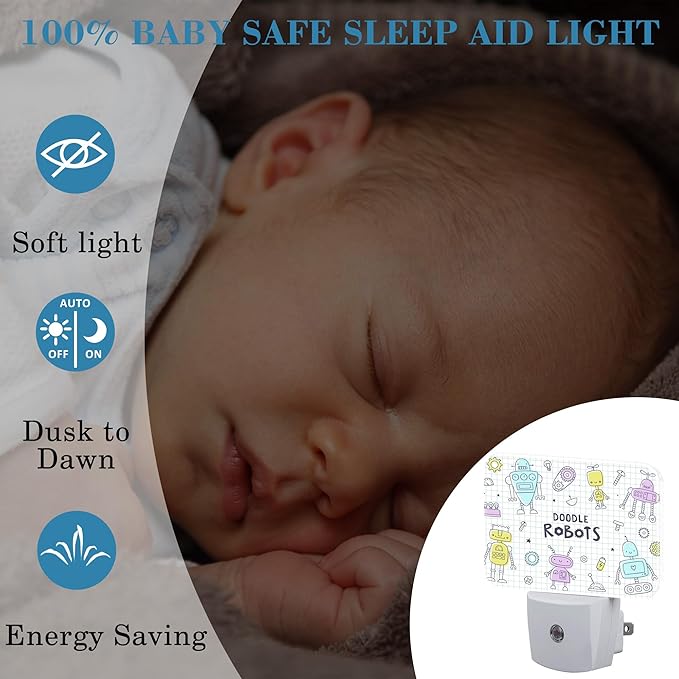 Doodle Cute Robots Night Light for Kids Girls Boys, Funny Robots LED Night Light Plug into Wall with Dusk to Dawn Sensor for Bedroom, Hallway, Kitchen, Bathroom, Stairs Decor