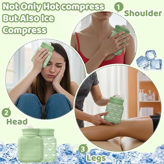 Amylove Mini Hot Water Bottle 320ml for Hot & Cold Compress with Cover Silicone Microwave Heating Small Water Bag for Travel Pain Relief Holiday Gifts(Green)