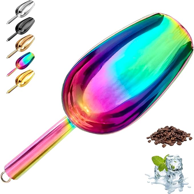 Metal Ice Scoop，Kitchen Ice Scooper for Ice Maker,Stainless Steel Small Ice Scooper for Freezer，Kitchen Gadgets Cookie Flour Pet Dog Food Scoop (Rainbow, 3 OZ)