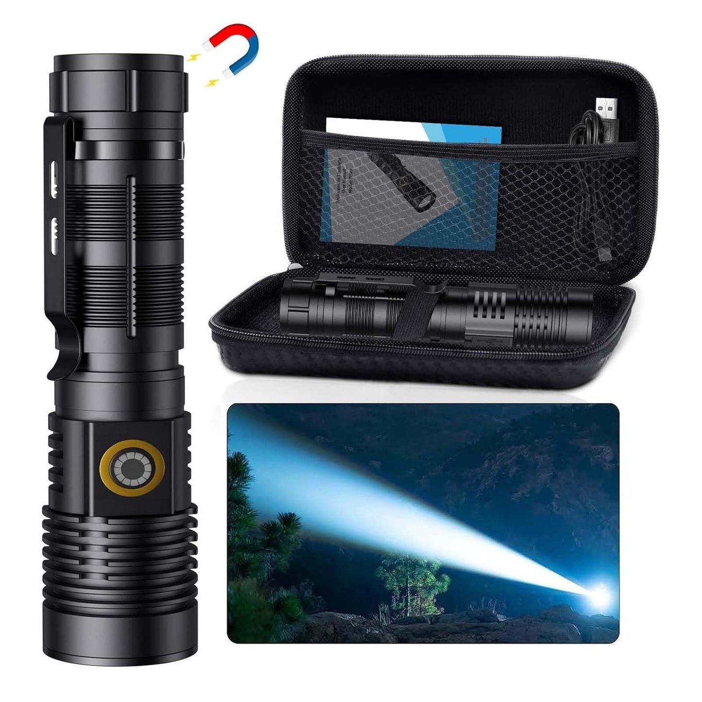 Small Tactical Flashlights 20000 High Lumens - 1500 Meters Long Beam Super Bright Led Magnetic Flashlight Usb Rechargeable Zoomable 5Modes Long Beam Spotlight Flashlight For Hiking  Camping  1Pcs