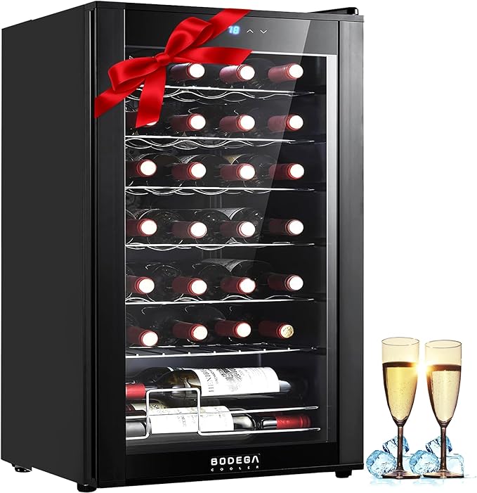 BODEGACOOLER 28 Bottle Mini Fridge for Home and Kitchen, Compressor Wine Cooler Refrigerator for Bedroom, Wine Cooler with Digital Temperature Control & Double-layer Glass Door for Wine, Champagne.