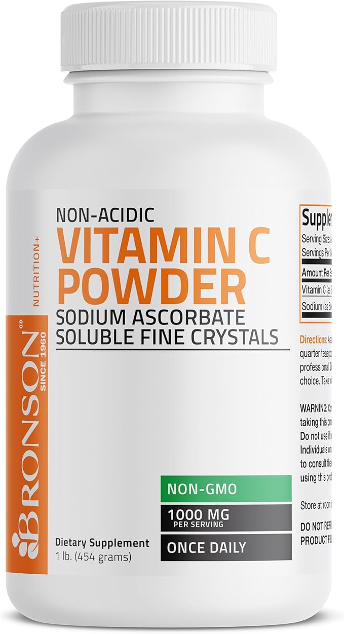 Non Acidic Vitamin C Powder Sodium Ascorbate Non GMO Soluble Fine Crystals - Healthy Immune System, Antioxidant and Cell Protection - 1 Pound (16 Oz, 454 Grams)