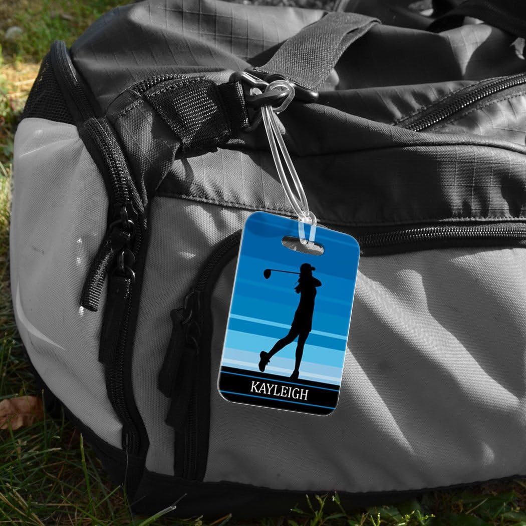 ChalkTalkSPORTS Golf Luggage & Bag Tag | Personalized Female Golfer | Standard Lines on Back | Medium | Blue
