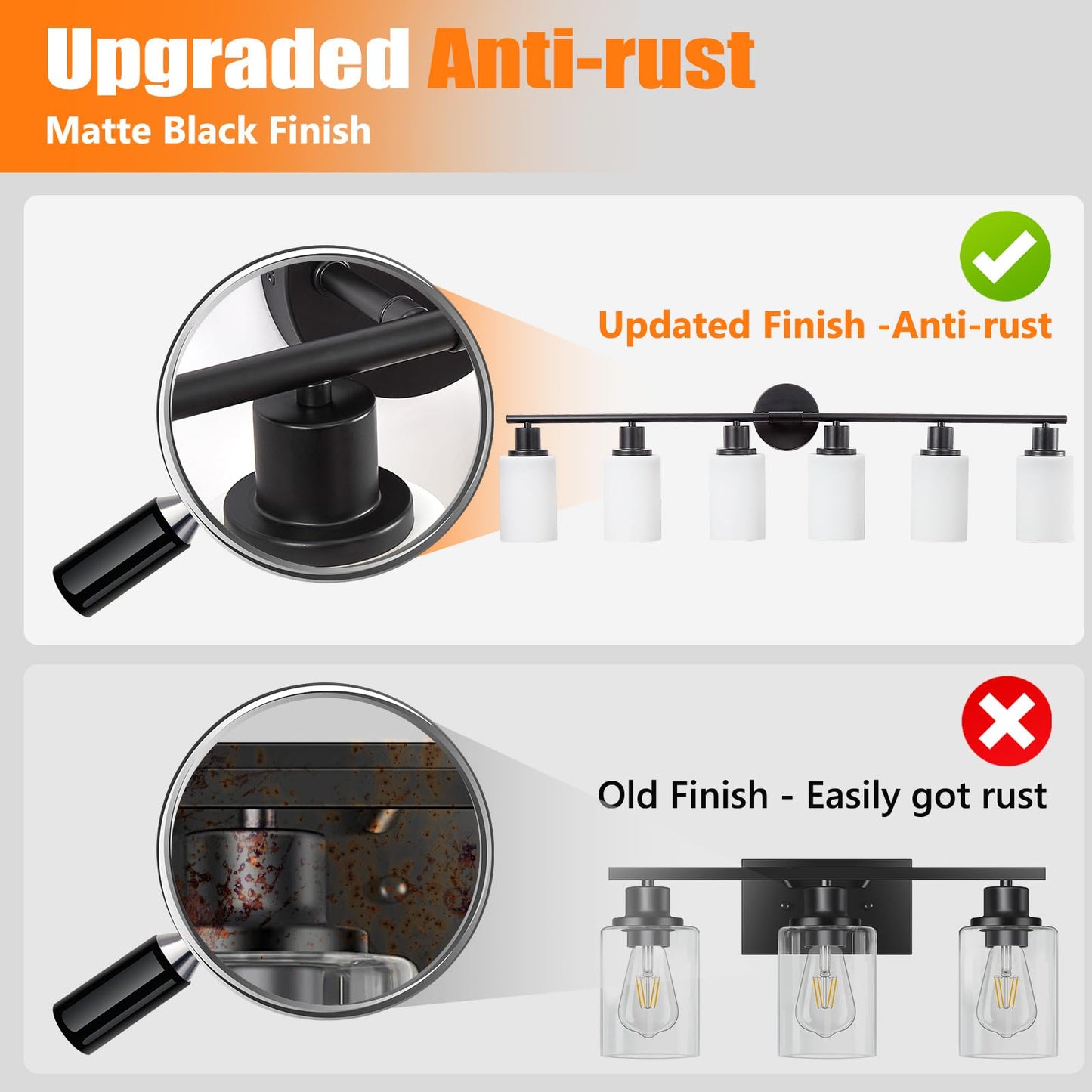 DINGLILIGHTING 6-Light Bathroom Vanity Light Fixtures, Black Metal with Milky White Glass Shade, Ideal for Mirror, Kitchen, Living Room