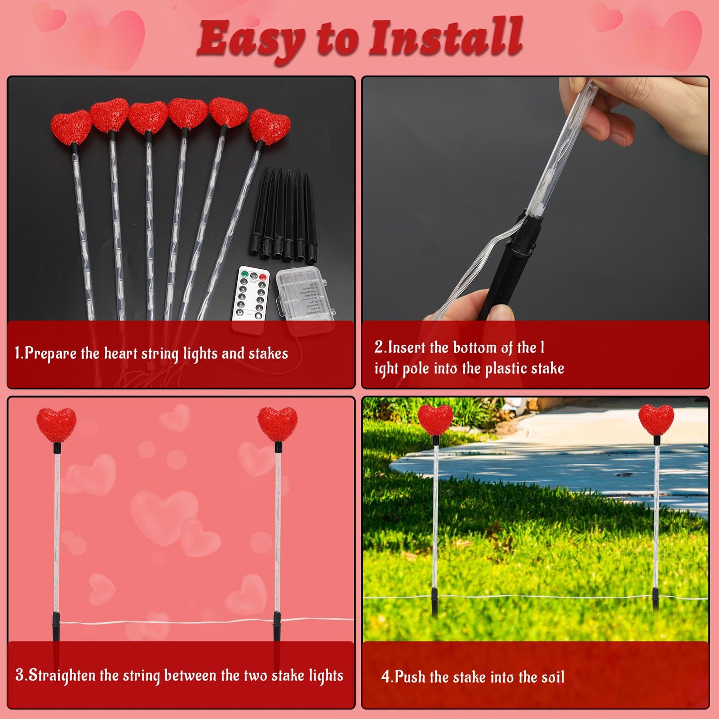 YUNVI 6 Pack Valentine's Day Pathway Lights,8 Modes LEDs Red Heart Stake Light with Timer Valentine Walkway String Lights Markers for Outdoor Backyard Patio Lawn Garden Party Decoration