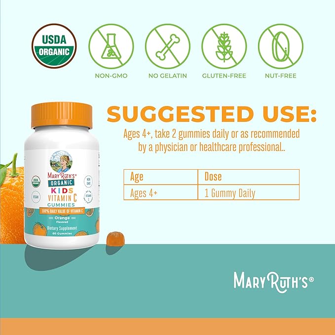 MaryRuth Organics Kids Vitamin C Gummies | Supplement for Immune Support & Overall Health | Vitamin C for Kids Ages 4+ | USDA Organic | Vegan | Non-GMO | 60 Servings
