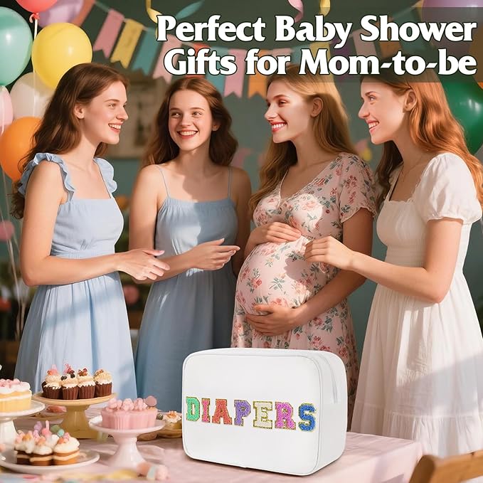Portable Small Diaper Bag, Chenille Letter Diaper Caddy Organizer Pouch Newborn Baby Essentials Must Haves for Nursery Changing Table, White Waterproof Diaper Pail Baby Shower Gifts for Mom To Be