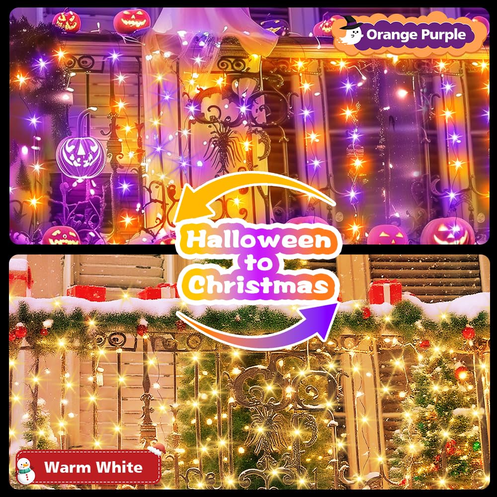 KOUQIYA Battery Halloween Lights 50 LED Mini String Lights 17ft Waterproof, Dual Color Changing, Orange Purple & Warm White, 2 Pack