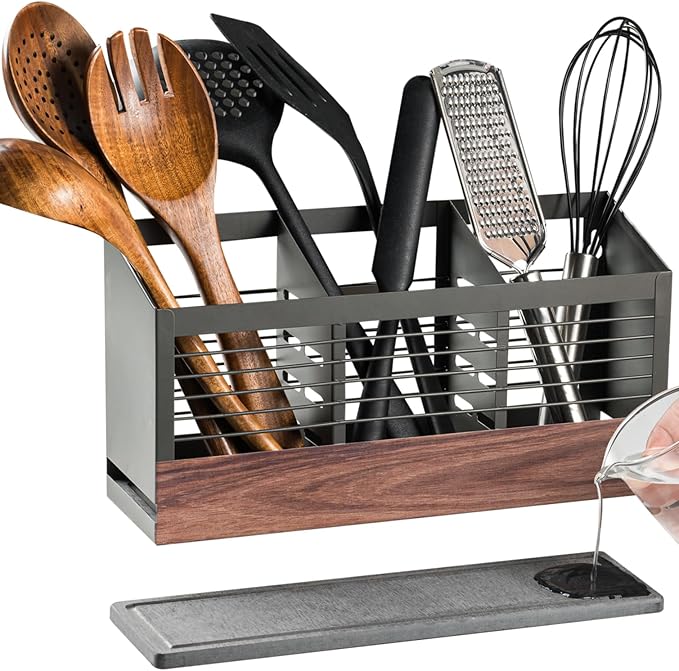Utensil Holder for Kitchen Counter, Cooking Utensil Holder with Stone Drying Mat for Storage Spatula, Ladle, Scoop in Farmhouse Countertop with Wooden Pattern Printed, Matte Grey