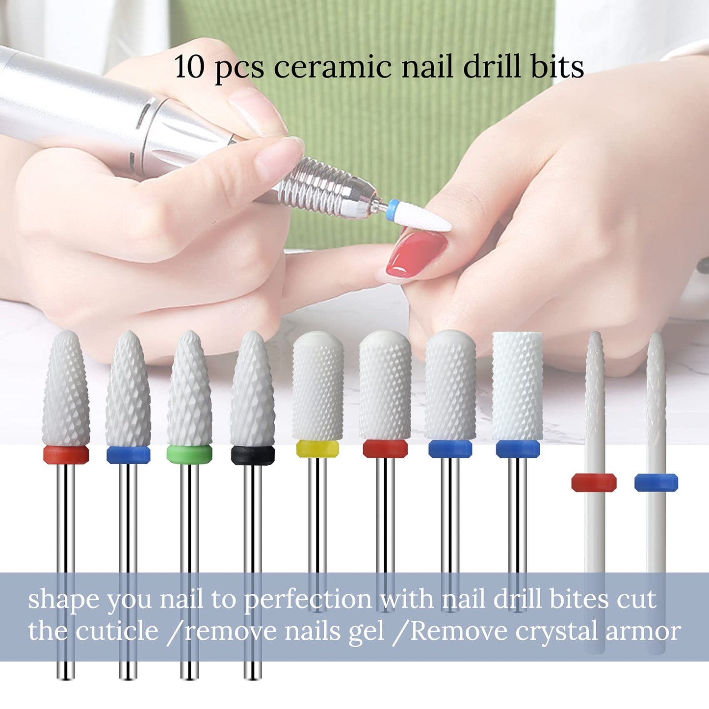 Ceramic Nail Drill Bits 10Pcs- 3/32 Drill Bits Set for Acrylic Gel Nails Professional Cuticle Remover Crystal Nail Extension Nai