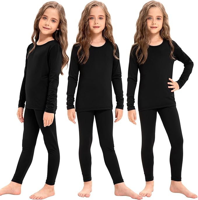 Silkfly 3 Set Girls Thermal Underwear Soft Winter Thermal Top and Bottom with Fleece Lined Base Layer for Girls